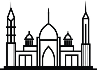 Modern Mosque in UAE City Skyline vector line art illustration