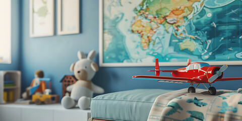Colorful Kids Room with World Map, Red Toy Airplane, Stuffed Bunny, and Playful Blue Wall Decor

