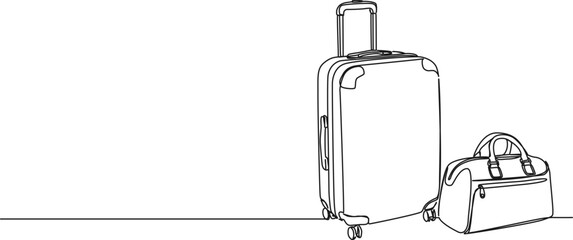 continuous single line drawing of luggage, suitcase and travel bag, line art vector illustration