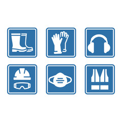 Ppe or personal protective equipment sign set. Workwear, protective vest, glasses and hardhat icon set.