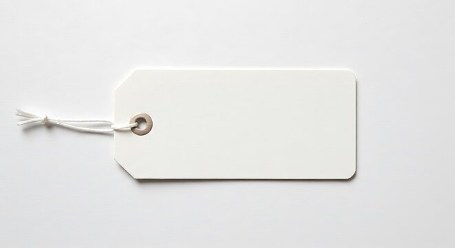 Blank white tag with string isolated on cream beige  background