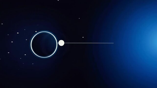 White glowing dot moving right with radiating light lines and small stars in dark space background, camera panning to reveal blue glowing ring fully on the right