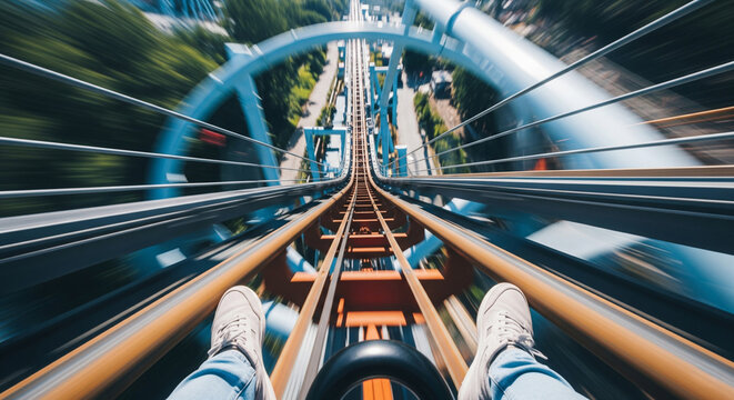 POV First person view of a roller coaster going down, close-up of the tracks, speed effect, feeling of speed and excitement, cinematic look, high detail, slight motion blur at the edges