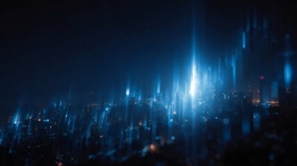 Blue gradient background displaying stock market data, futuristic cityscape and financial district at night