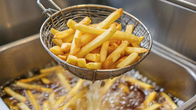 Golden crispy French fries being lifted from a bubbling hot fryer basket with oil droplets falling and steam rising in a close-up view