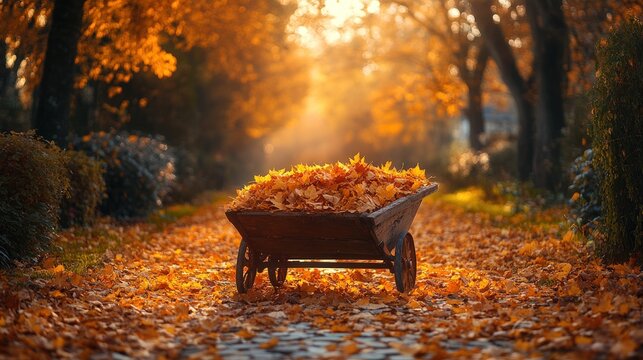 Autumn leaves piled high in a wooden cart on a pathway