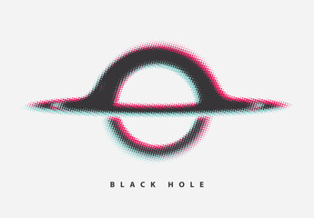 Vector minimalist logo or banner made of pixels or dots with black hole or planet with rings on the theme of space, astronomy, astrophysics and universe. T-shirt design. Not used aI © paseven