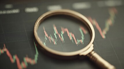 Magnifying glass closely examining candlestick chart, revealing stock market trends and financial analysis insights