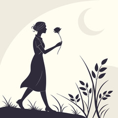 Woman Silhouette Holding Flower in Graceful Pose
