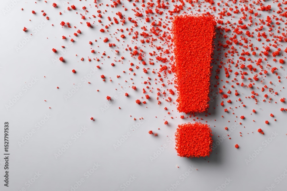 Poster bold red exclamation mark constructed from particles against a neutral background with clarity on th
