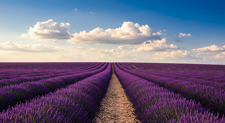 Obraz premium A beautiful landscape of vibrant purple lavender fields in straight rows, leading to the horizon under a blue sky with white clouds. 