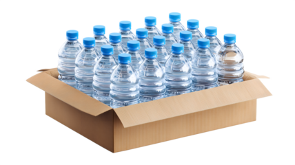 Box of bottled water packaged and ready to be distributed or consumed as a refreshing beverage isolated on white transparent background