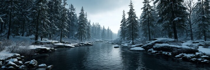  Winter cloaks the forest in white as a dark river flows quietly through snow and frozen evergreens.  