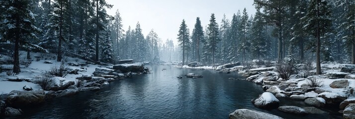 A cold, dark river winds through a snow-covered forest, surrounded by silent pine trees under a winter sky. 
