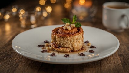 Delicious cinnamon roll garnished with mint and chocolate drizzle on a white plate.