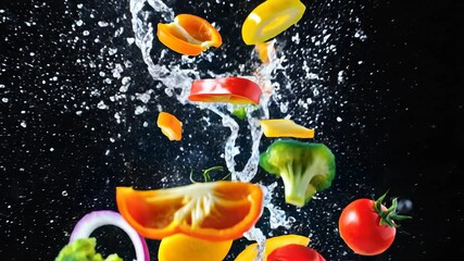 Colorful fresh vegetable pieces and onion rings splashing upward in water with bubbles on a black background, evoking a sense of freshness and vitality - Powered by Adobe