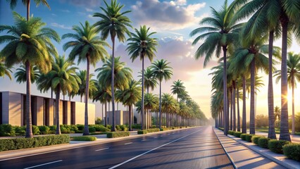 Fototapeta premium Tropical palm trees line the street as the sun sets over the serene island coast
