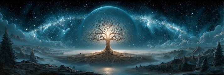 A luminous tree with radiant leaves stands at the path’s end, its branches stretching skyward in a divine, cinematic glow. 
