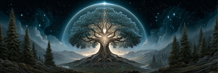  A majestic tree of light reaches toward the sky, glowing with divine energy at the end of a quiet, sand-covered trail. 