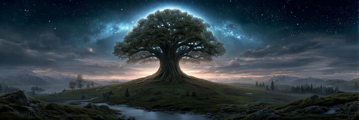  At the end of a sandy path, a glowing tree rises, its light-filled leaves and heavenly limbs symbolizing ancient spiritual ties.