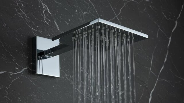 Streams of water flows from a square rainfall shower head in a stylish modern bathroom. Hygiene and water consumption concept.