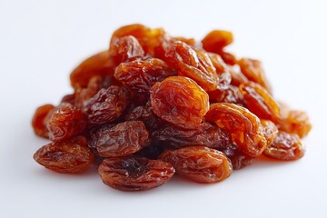 Raisins Centered On A White Background, Each Raisin Showing Its Wrinkled, Glossy Texture. Light Comes From The Top-Left To Highlight Natural Curves And Depth. The Image Is Ideal Fo