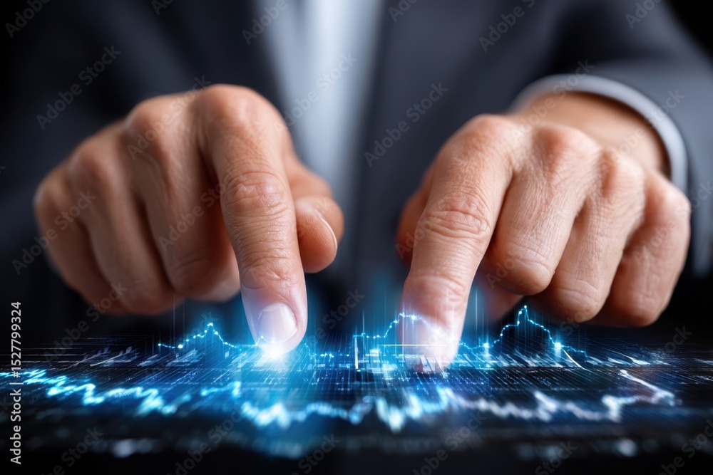 Poster hands engaged in digital manipulation of data visualization on a touchscreen interface