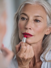 mature woman with visible wrinkles applying red lipstick © MagicsPhotos