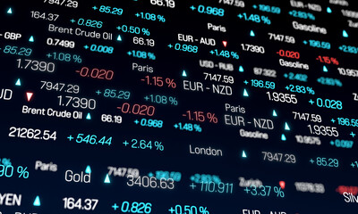 Stock market trading floor, stock index data, currency rates and commodity prices. Ticker board, business, trading information, price change, market data. 3D illustration