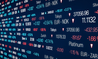 Close up ticker board with prices, stock market and exchange, stock index data, currency rates and commodity prices. Ticker board, business, trading, price change, market data. 3D illustration
