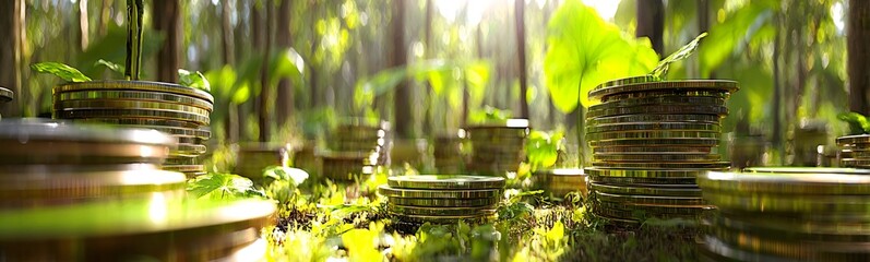 Stacked golden coins sprouting green seedlings, representing eco-friendly financial growth within verdant woodland setting