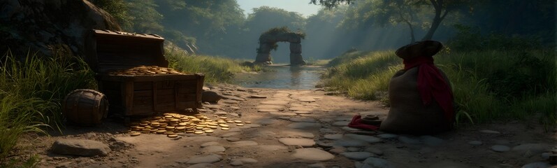 Golden coins spilling from weathered treasure chest near ancient stone bridge, nestled within mystical forest landscape, rendering magical adventure setting