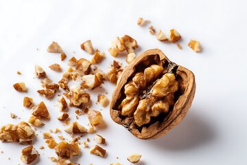 Obraz premium Cracked Walnut With Shell Pieces Scattered Nearby, Emphasizing Natural Origin And Texture. Well-Lit And Cleanly Arranged On White. Meant For High-End Snack Packs, Artisan Baking Blends, Or Sustain