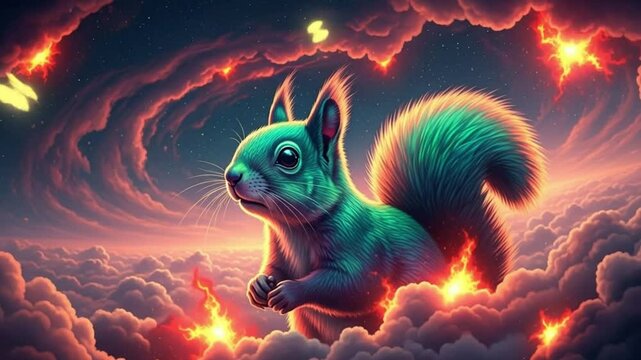 A vibrant fantasy squirrel in a magical forest sunset, full of wonder.

