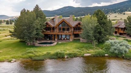 Obraz premium Luxurious log home on a lake, surrounded by lush greenery and mountains