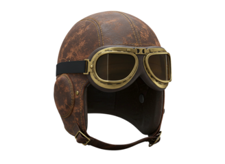 Vintage leather aviator helmet with goggles isolated on transparent background