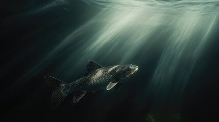 Fototapeta premium Underwater shot of a fish, sunbeams illuminating it (1)