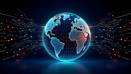 Obraz premium Digital global connections with circuitry and data flow in a futuristic technological illustration