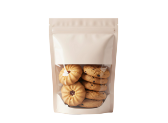 Cream stand up pouch with cookies isolated on transparent background