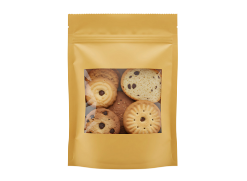 Cream stand up pouch with cookies isolated on transparent background
