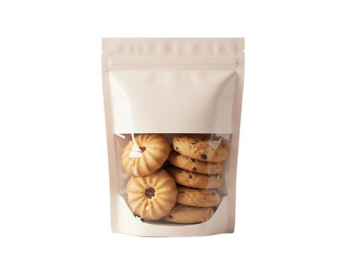 Cream stand up pouch with cookies isolated on transparent background