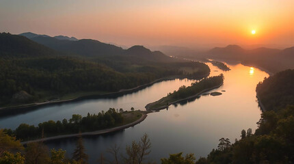 Ai generated image of golden sunrise bathes the winding river and forested hills in a warm, ethereal glow