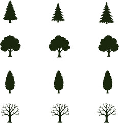 Collection of Minimalist Tree Silhouettes in Various Styles