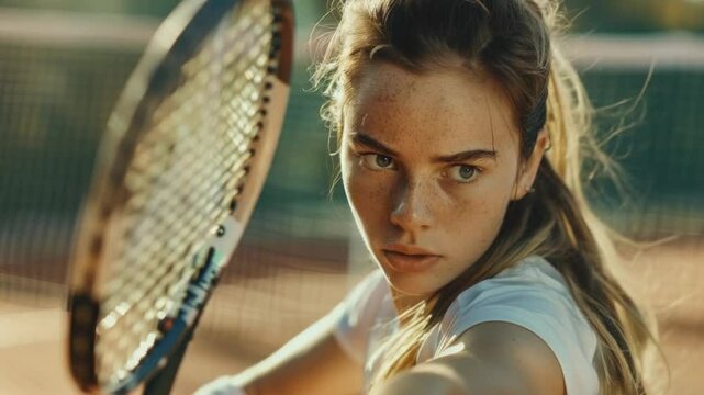 A young woman with freckles and ponytail watches a tennis match with focus. She holds a racket at an outdoor clay court during the Summer