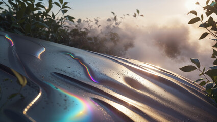 Abstract iridescent surface with subtle details and a dreamy natural landscape background