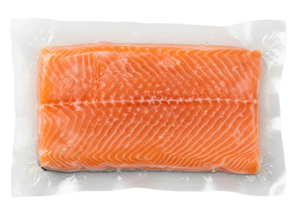 Vacuum packed salmon fillet isolated on transparent background