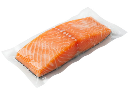 Vacuum packed salmon fillet isolated on transparent background