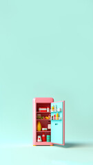 Vertical cartoon of an open, modern refrigerator filled with healthy food. Features a fun pink and blue color palette, ideal for diet-focused Reels and Stories