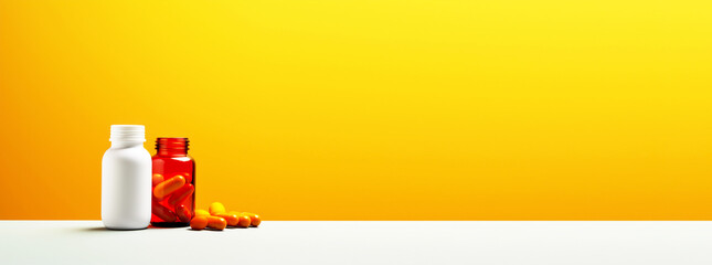 Minimal medical background featuring yellow and red pills in a jar. Perfect for dietary supplement or first aid concepts with ample copy space