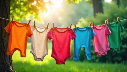 A colorful array of clothing items pegged to a rustic wooden clothesline, drying gently in the sun Perfect for laundry, spring, summer, and outdoor themes , simple, linen, hanging clothes